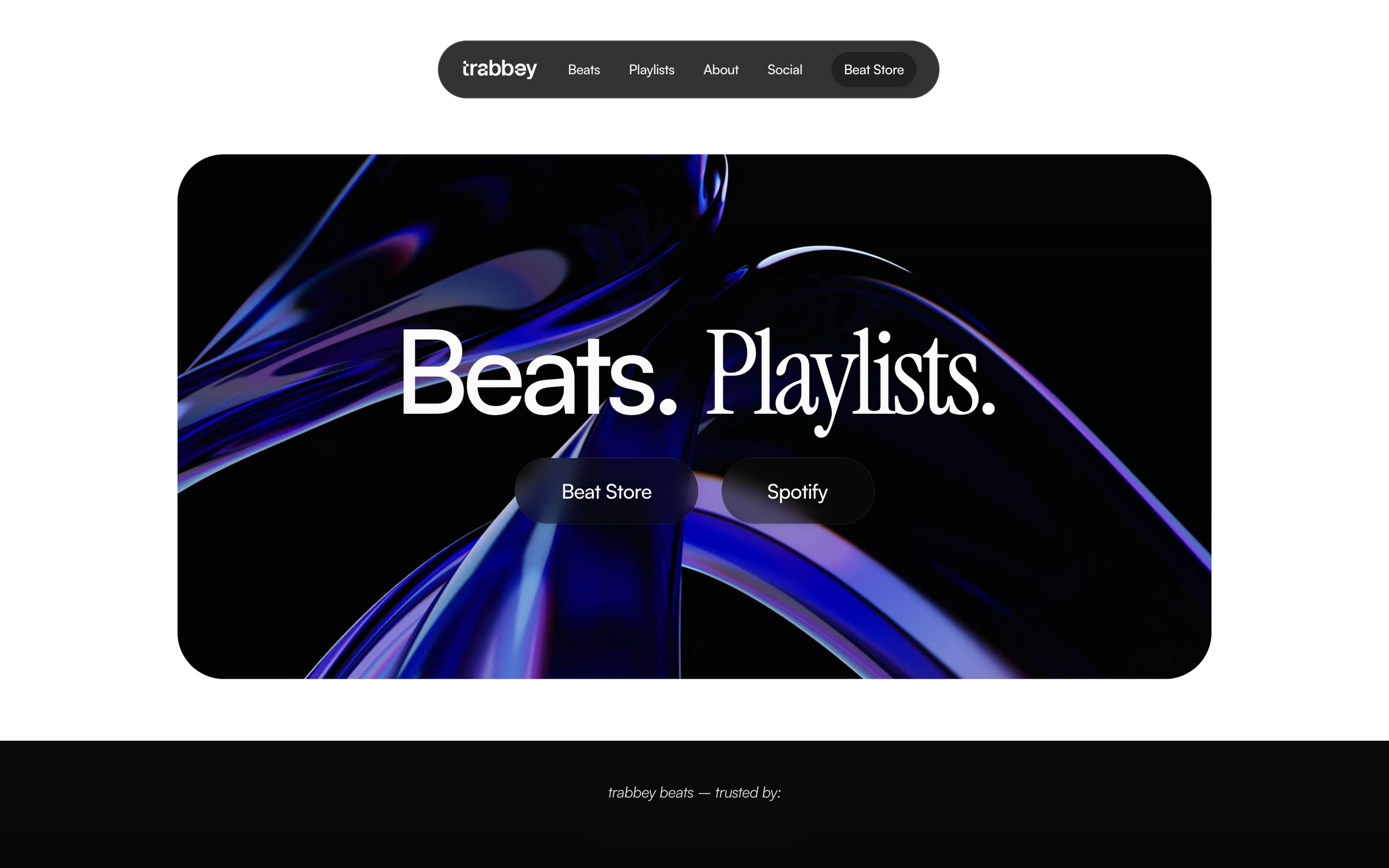 trabbey.com home page on a laptop: a dark rounded hero with the words Beats. Playlists.