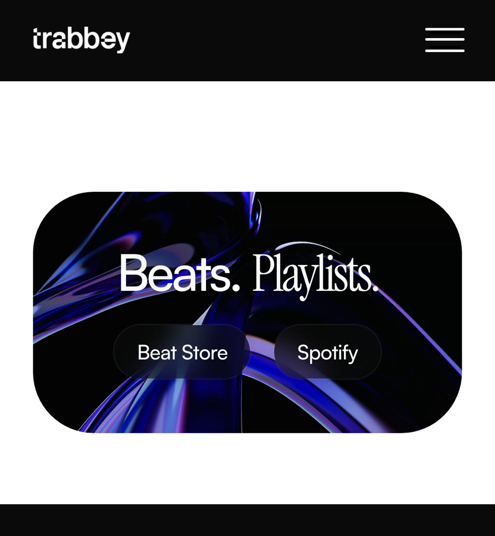 trabbey.com on a phone: compact header and the Beats. Playlists. hero card