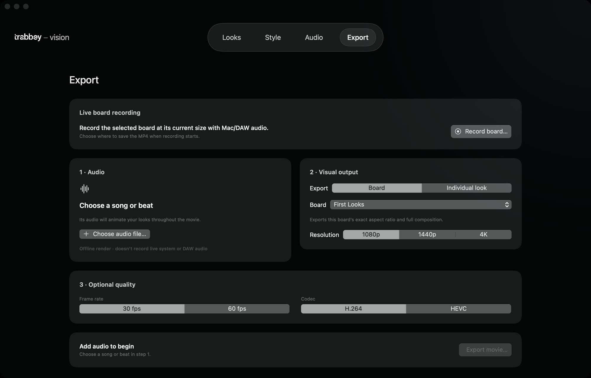 The Export tab with resolution and format options